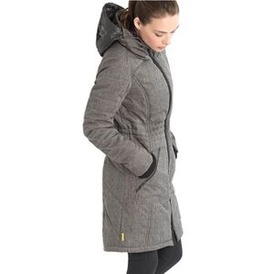 Women’s Lolë gray & black Emeline hooded full zip Winter‎ midi Coat size medium